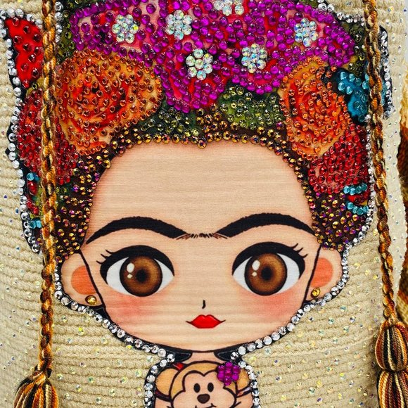 NEW 100% Authentic Handcrafted Wayuu Mochila Bag | Frida Kahlo + Crystals 🎨 - Picture 4 of 12